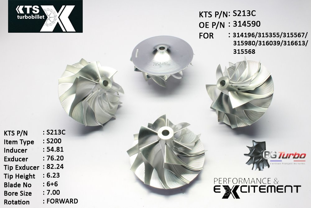 Turbo ROUE FORGÉE MFS PERFORMANCE - 6+6 PALES - INDUCER : 54,81 - EXDUCER : 76,2 - TYPE : S200ANGLE : 60° - ROTATION : Forward - SUPER BACK : 8,4 - BORE SIZE : 7
